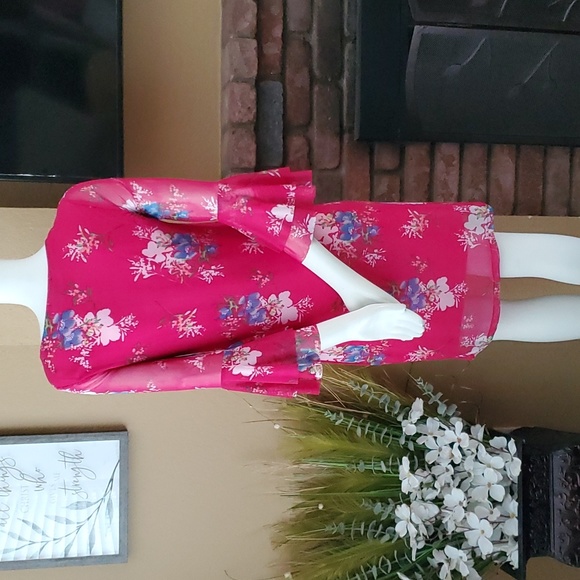 ALLISON BRITTNEY Pink Floral Mesh Overlay Bell Sleeve Dress SIZE: S - Picture 6 of 10